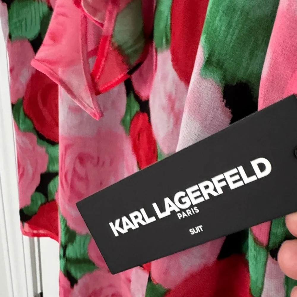 Karl Lagerfeld Sleeveless Floral Ruffle Tie-Neck Top - Pink, Red, Green, Black - Picture 4 of 7
